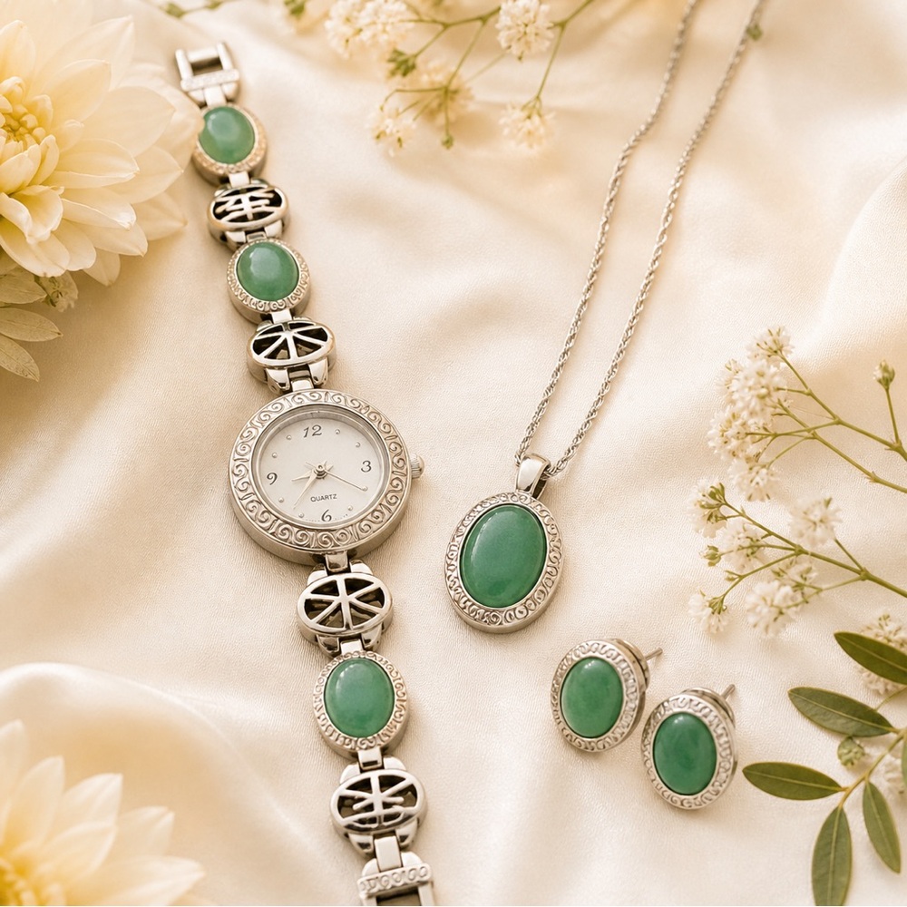 Vintage Avon Jade Green Watch Set Asian Inspired Silver Tone Necklace Earrings